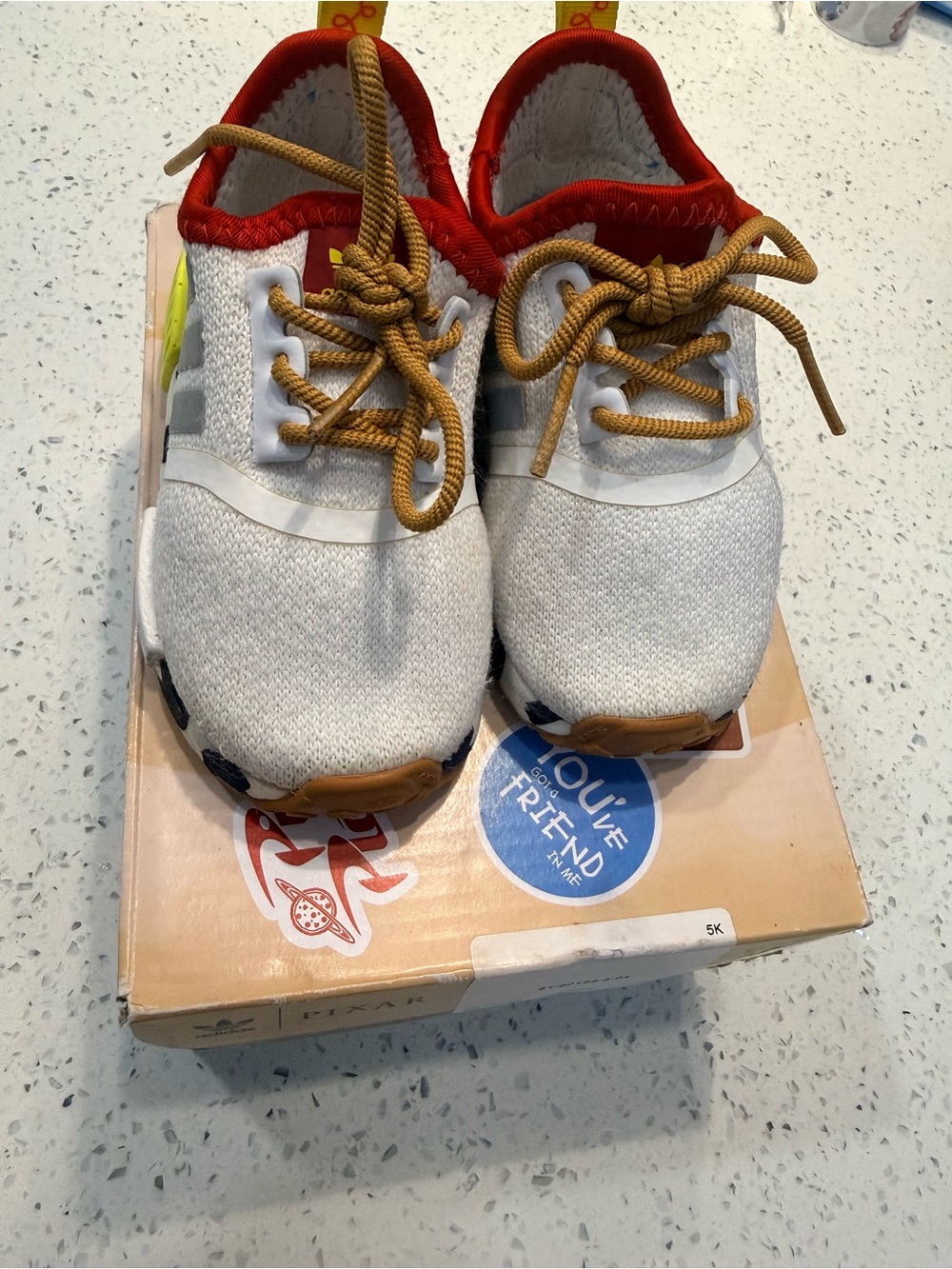 adidas Kids White Knit Sneakers with Red Collar and Tan Laces